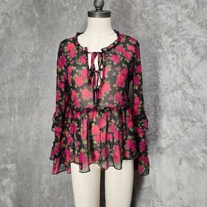 American Eagle Womens XS Floral Ruffle Peplum Blouse Roses Sheer Dark Fairy Goth